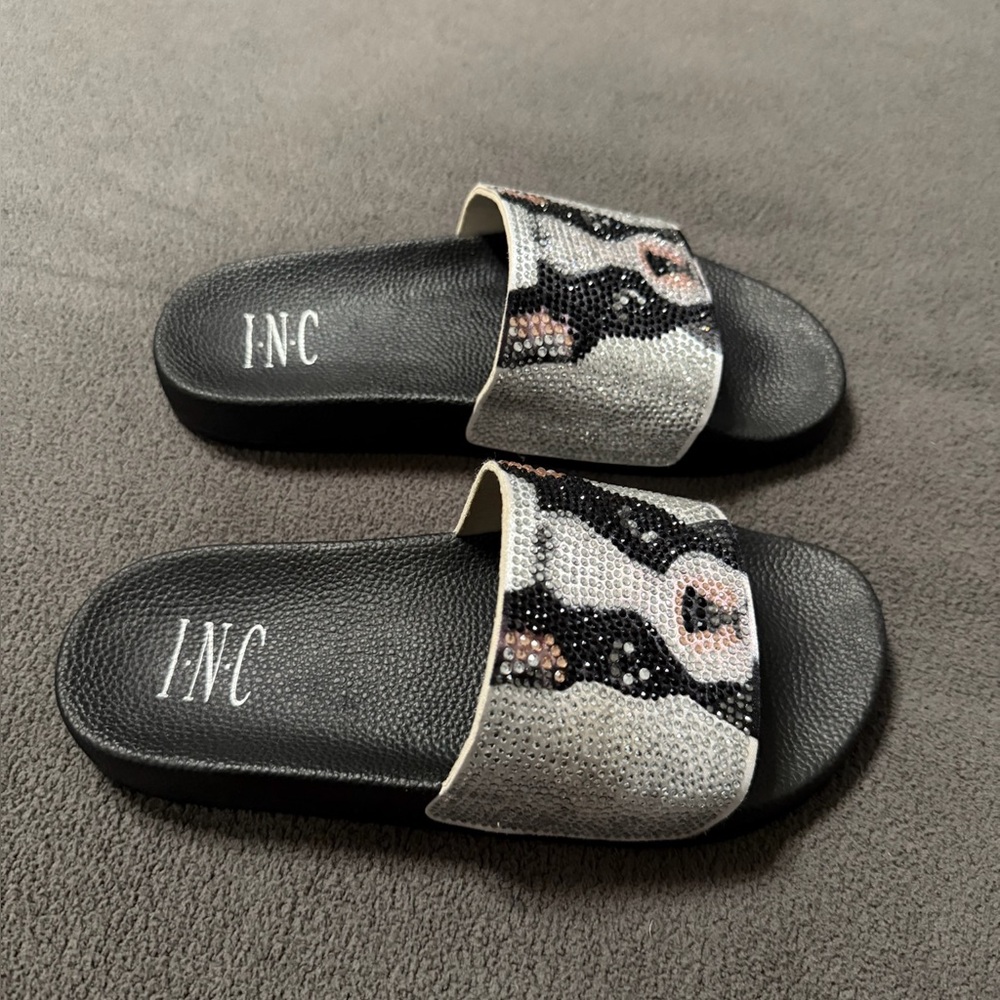 INC Black and Silver Boston Terrier Slide Sandals